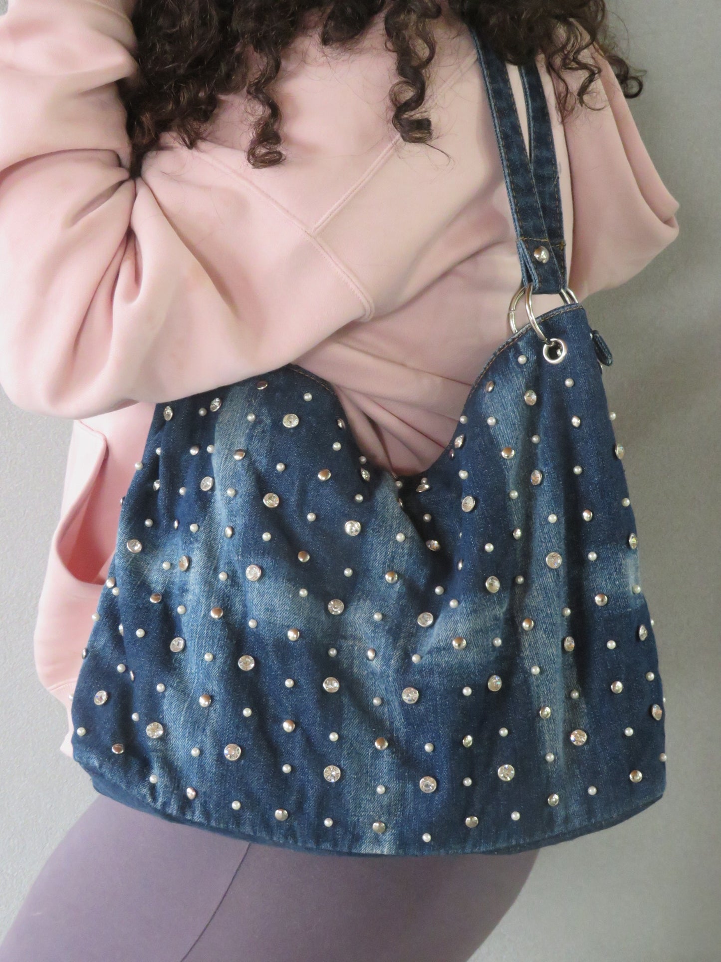 Rhinestoned Denim Slouched Bag