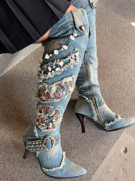 Denim Embossed Calf Boots