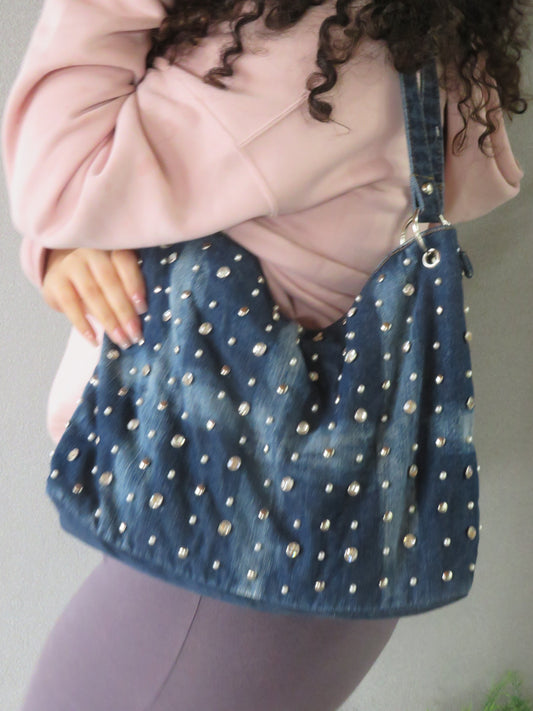 Rhinestoned Denim Slouched Bag