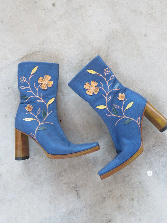 Denim Floral Boots