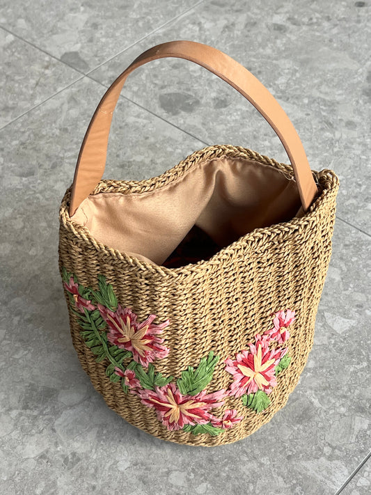 Floral Straw Bucket Bag