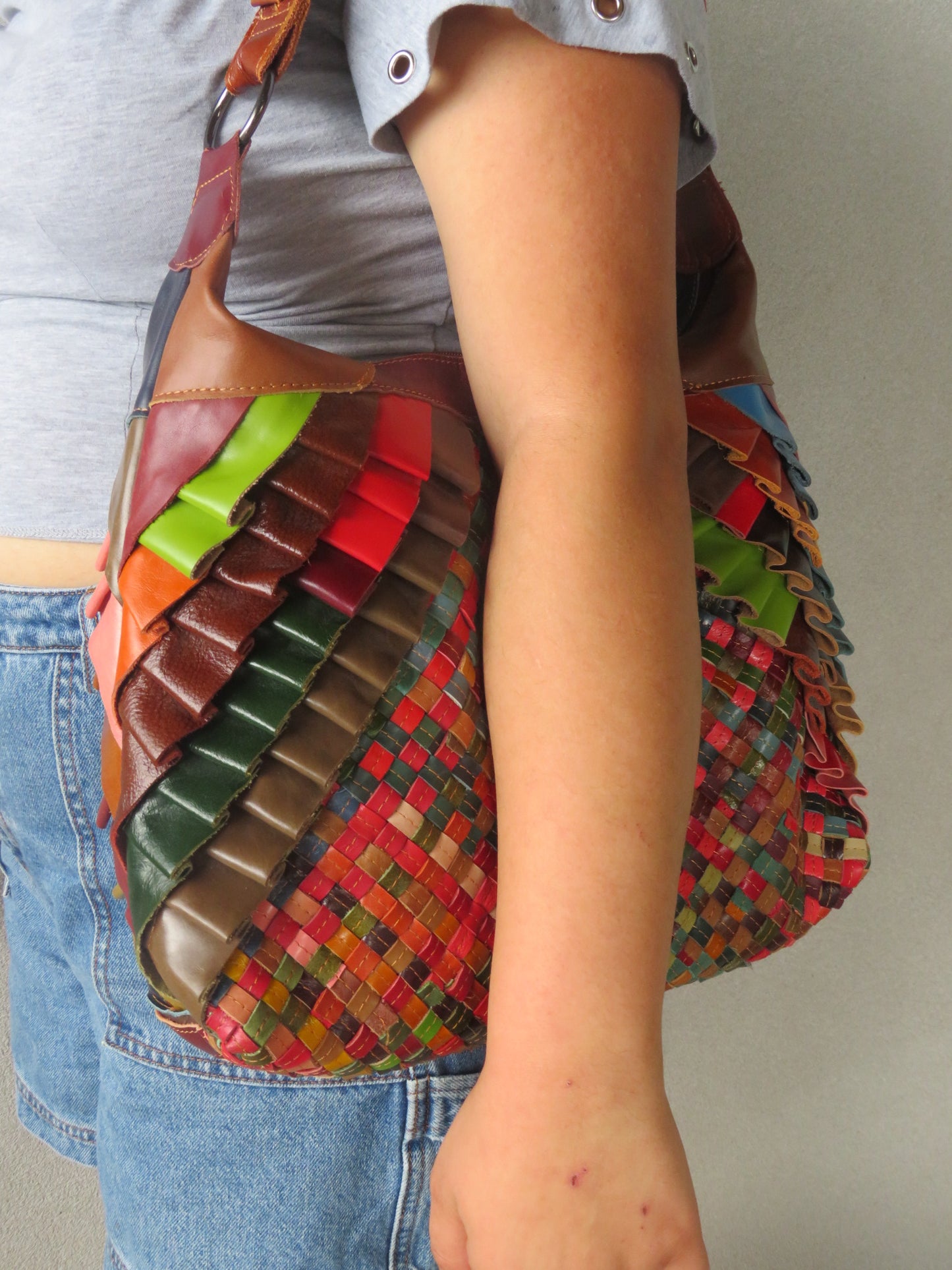 Multi-coloured Leather Patchwork and Ruffle Bag