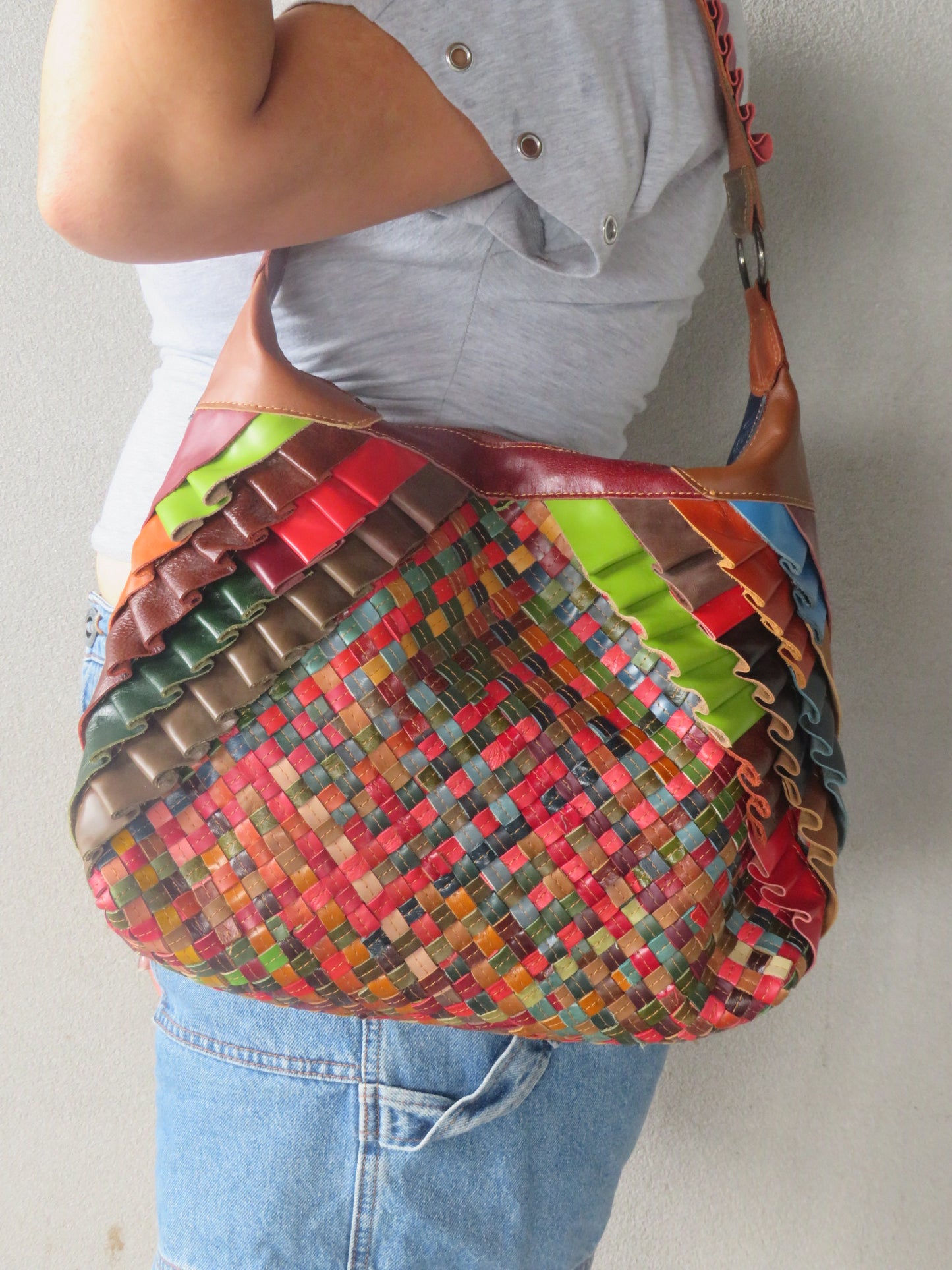 Multi-coloured Leather Patchwork and Ruffle Bag