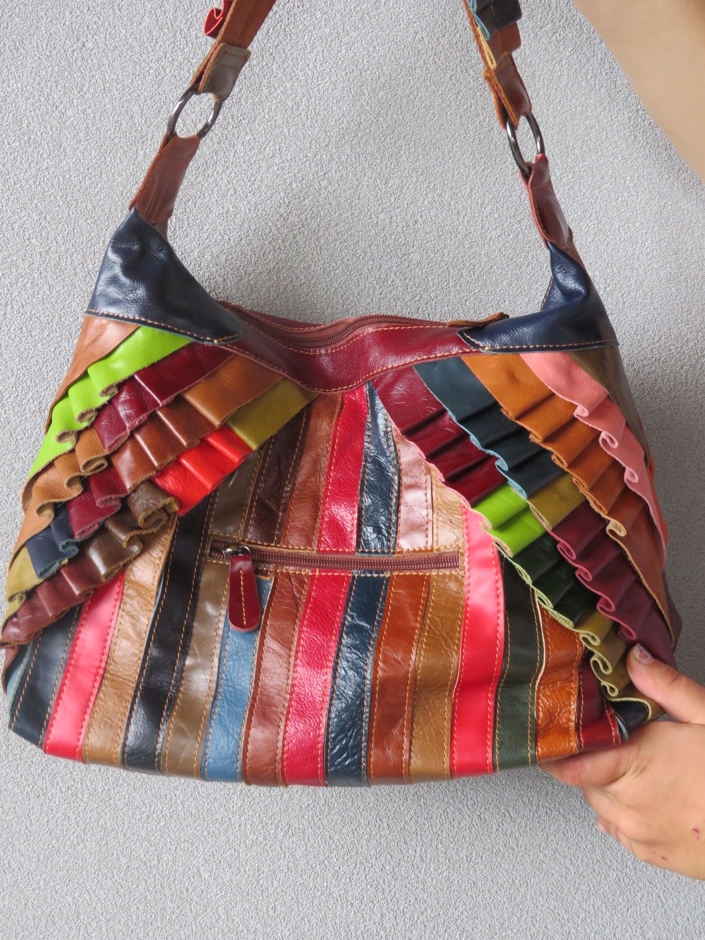 Multi-coloured Leather Patchwork and Ruffle Bag