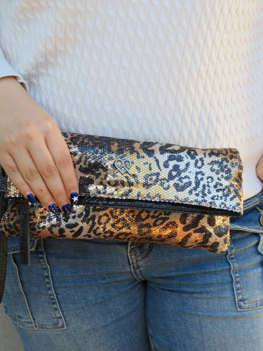 Sequin Leopard Clutch